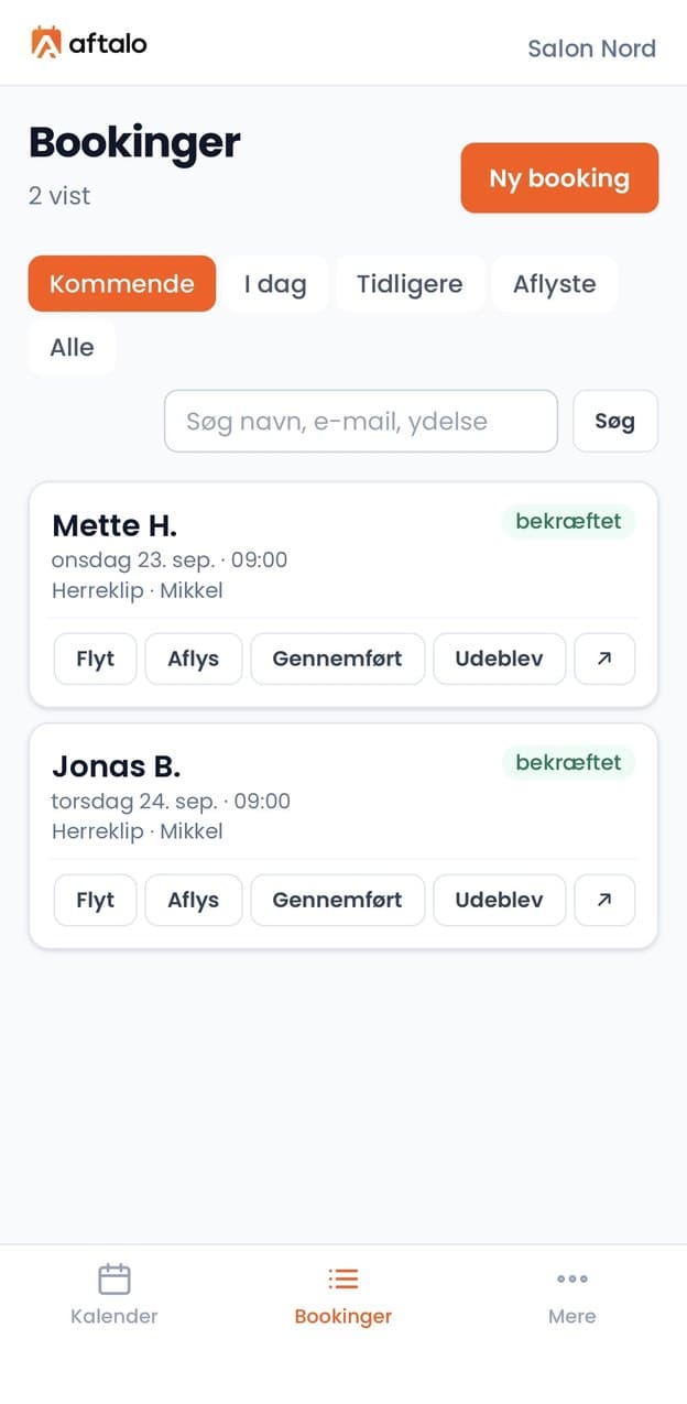 Listen over bookinger i appen